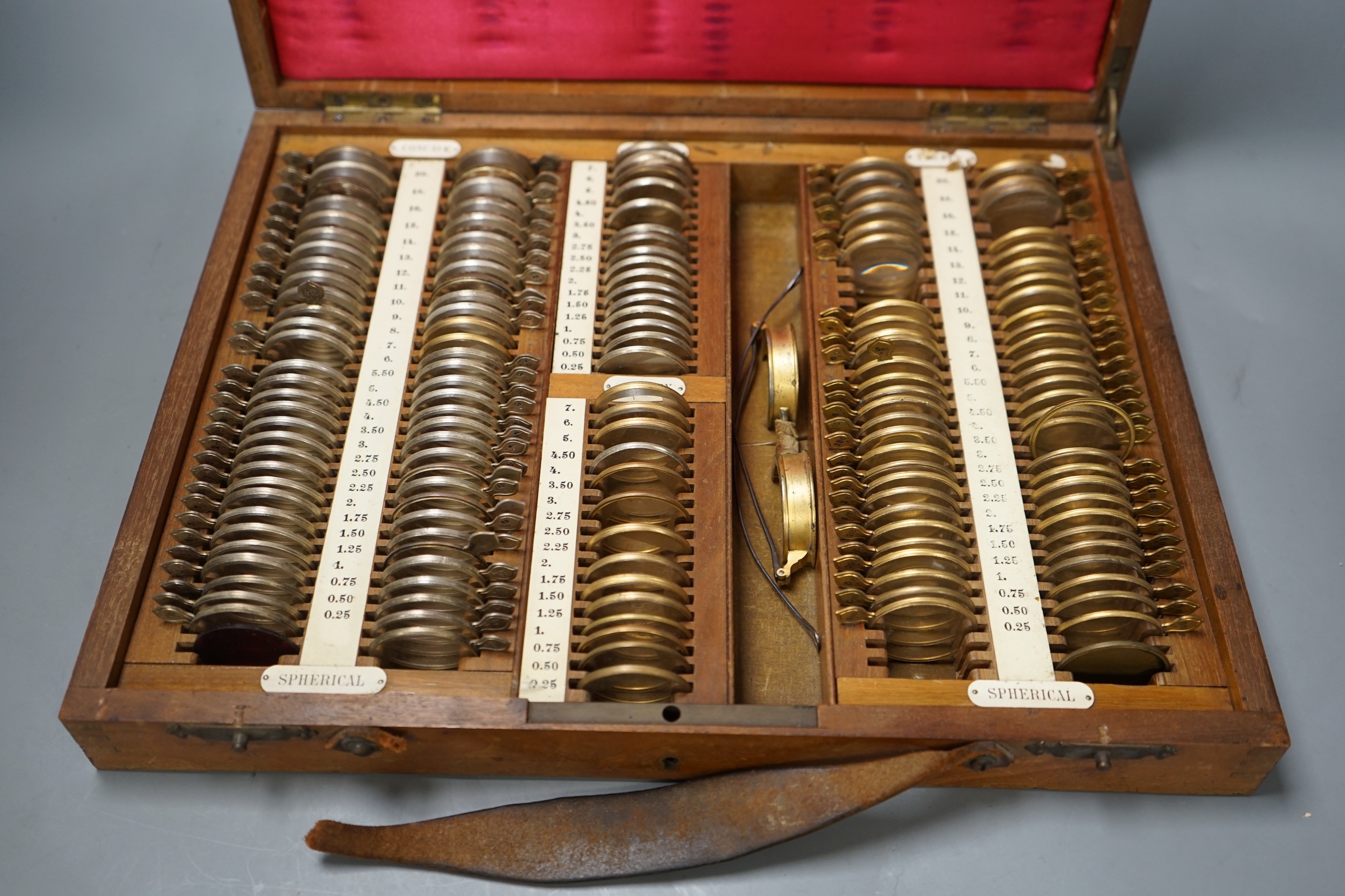 A 19th / 20th century mahogany cased optician's set, 37.5 cms wide x 29.5 cms deep